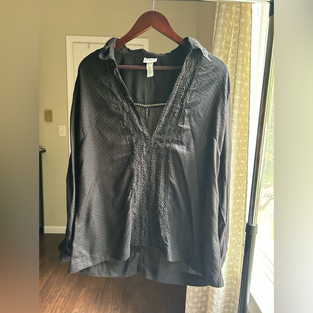 EVARAE Elegant Black Blouse with crochet details and Swiss dot design.